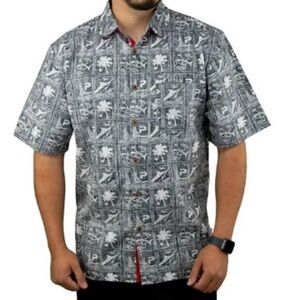 Pelagic Men Sz XL Black White Fish‎ Palm Pattern Short Sleeve Shirt Button Down